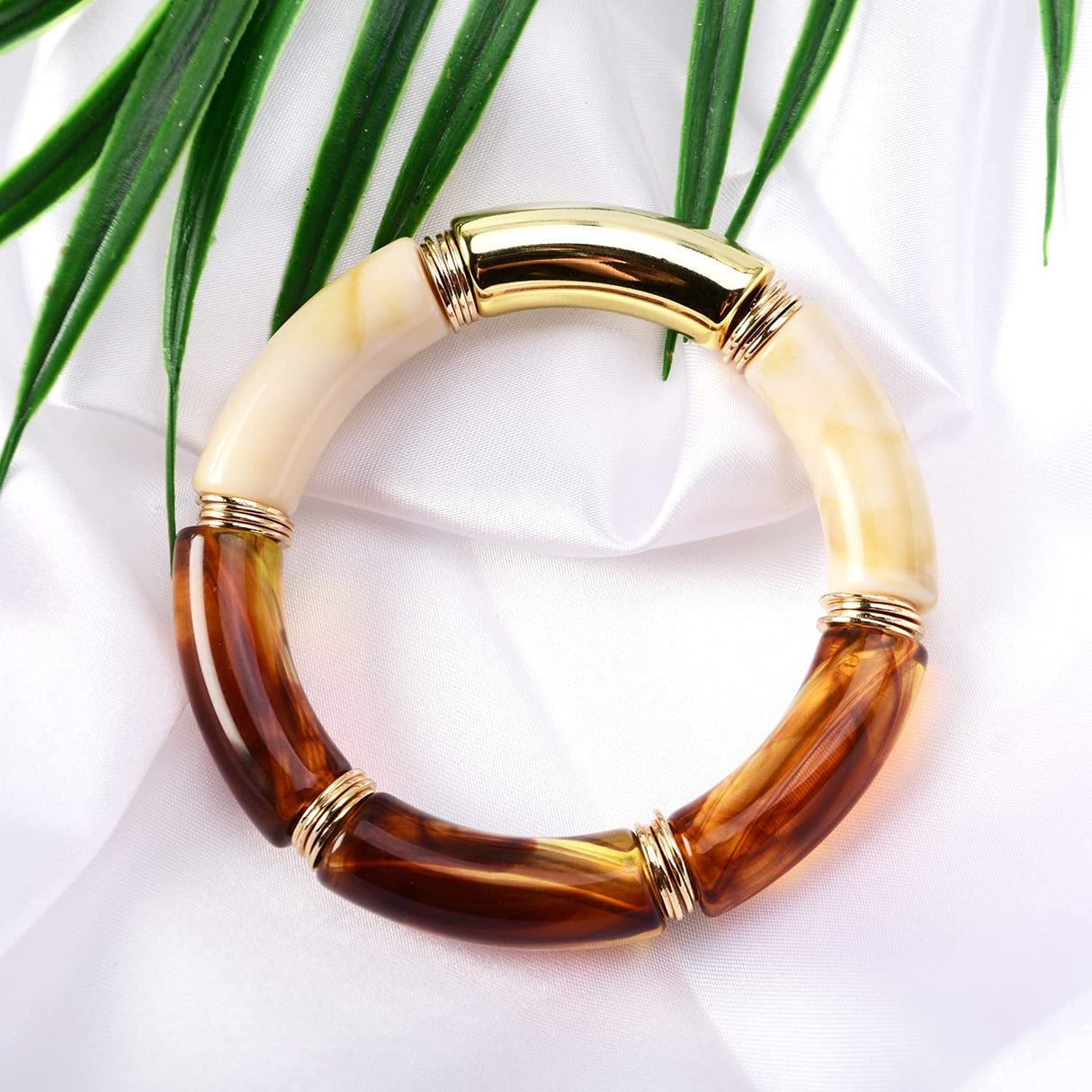 GOOJIDS Bamboo Tube Bangles Bracelet Chunky Curved Stacking Clear Acrylic Colorful Beads Stretchable Friendship Gold Bracelets Gift For Women (A-Coffee) GOOJIDS