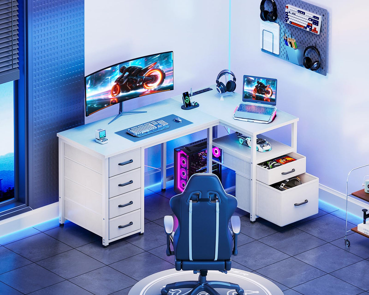 Coleshome L Shaped Computer Desk with 6 Drawers & Power Outlet, 55 Inch Corner Desk with Reversible Storage Shelf & File Drawer, Home Office Desk, White Coleshome