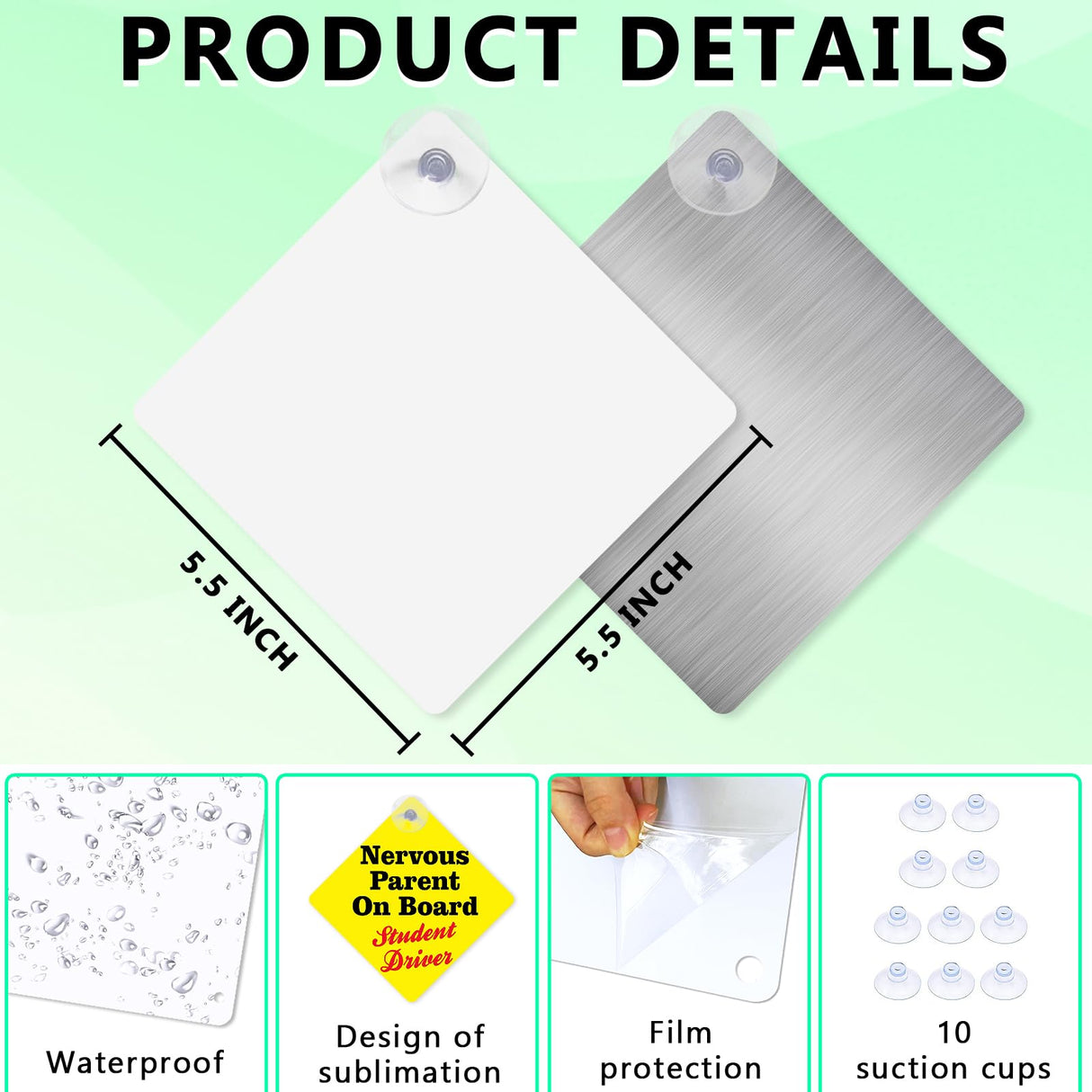 10 Pack 5.5" x 5.5" Sublimation Blanks Suction Cup Car Window Sign, Metal Signs Blanks Removable Car Safety Warning Signs for Heat Thermal Transfer DIY Picture and Custom Design Work OIOIPPIO