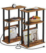 VIMBER Narrow Side Table with Charging Station, 2 Set of Skinny End Table for Small Spaces, Sofa Beside Table with Storage Shelf, Slim Nightstand with USB Ports Outlet, Rustic and Brown VIMBER