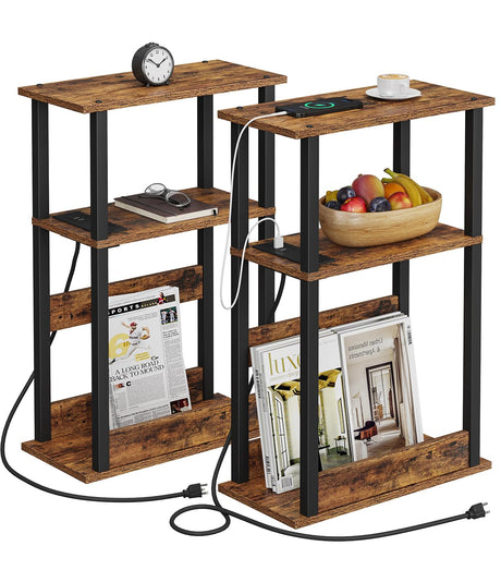 VIMBER Narrow Side Table with Charging Station, 2 Set of Skinny End Table for Small Spaces, Sofa Beside Table with Storage Shelf, Slim Nightstand with USB Ports Outlet, Rustic and Brown VIMBER