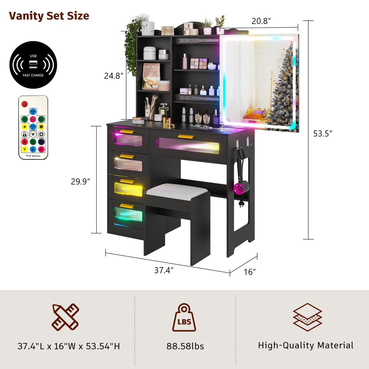 FOMNEY RGB LED Vanity Desk with Mirror and Lights, Makeup Vanity Desk with 3-in-1 Charging Station, Vanity Set with Stools＆Sliding Mirror, Make UP Table with 5 Drawers (Black) FOMNEY