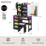 FOMNEY RGB LED Vanity Desk with Mirror and Lights, Makeup Vanity Desk with 3-in-1 Charging Station, Vanity Set with Stools＆Sliding Mirror, Make UP Table with 5 Drawers (Black) FOMNEY