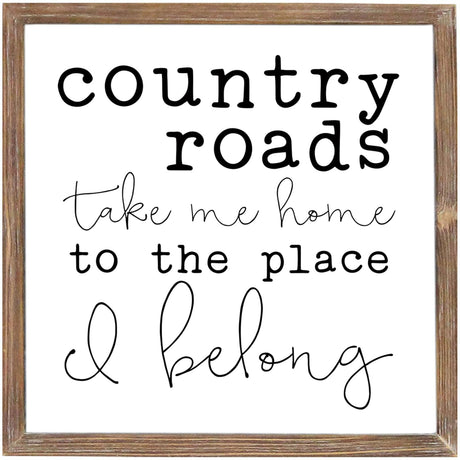 MODE HOME 12" x 12" Country Roads Take Me Home Wood Framed Wall Sign for Home Decor, Farmhouse Wall Decor Sign with Sayings for Living Room, Bedroom, Kitchen, Vintage Country Wall Art MODE HOME