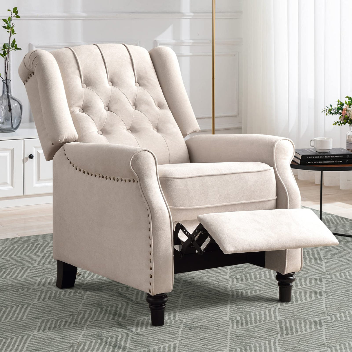 CANMOV Push Back Recliner Chair,Accent Chair,Mid Century Wingback Recliner, Fabric Push Back Recliner Chair Single Armchair Sofa with Rivet Decoration, Button-Tufted Back for Living Room, White CANMOV
