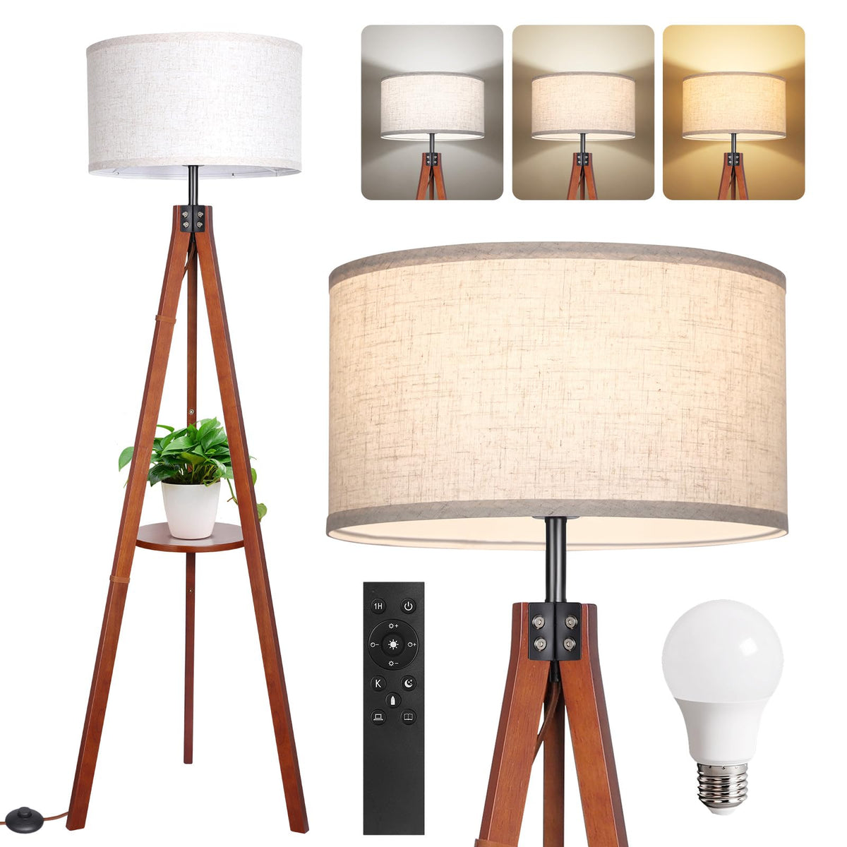 OUTON Dimmable Wood Tripod Floor Lamp with Shelves, Remote Control, Mi ...