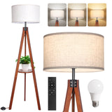 OUTON Dimmable Wood Tripod Floor Lamp with Shelves, Remote Control, Mid Century Modern Standing Lamp 58.5" for Bedroom, Living Room, and Office, Flaxen Lamp Shade Include E26 9W Bulb OUTON