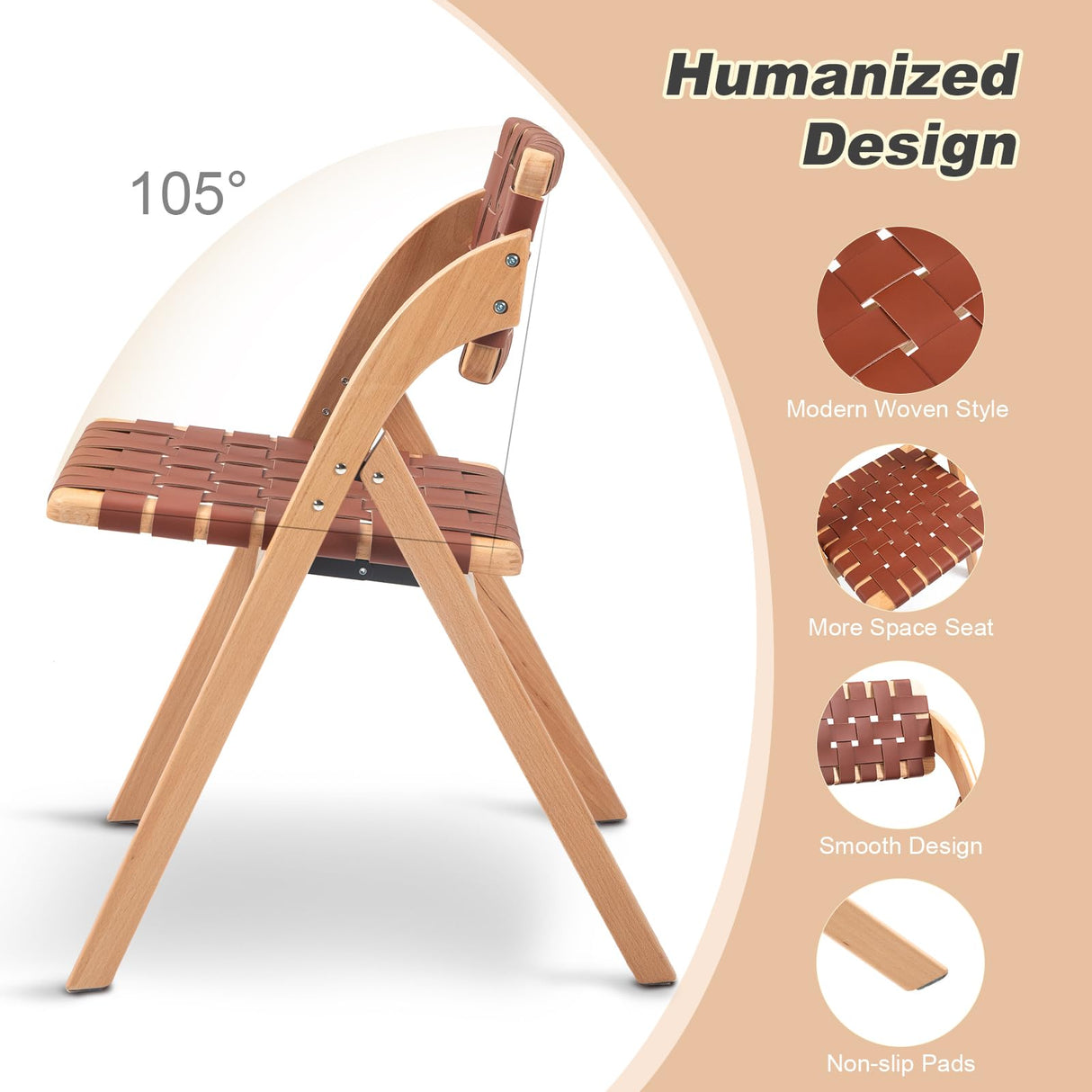 Luteren Folding Chairs Set of 2, Wooden Foldable Dining Chairs, Stackable Folding Extra Chair with Breathable Leather-Woven Design for Indoor & Outdoor, Brown Luteren