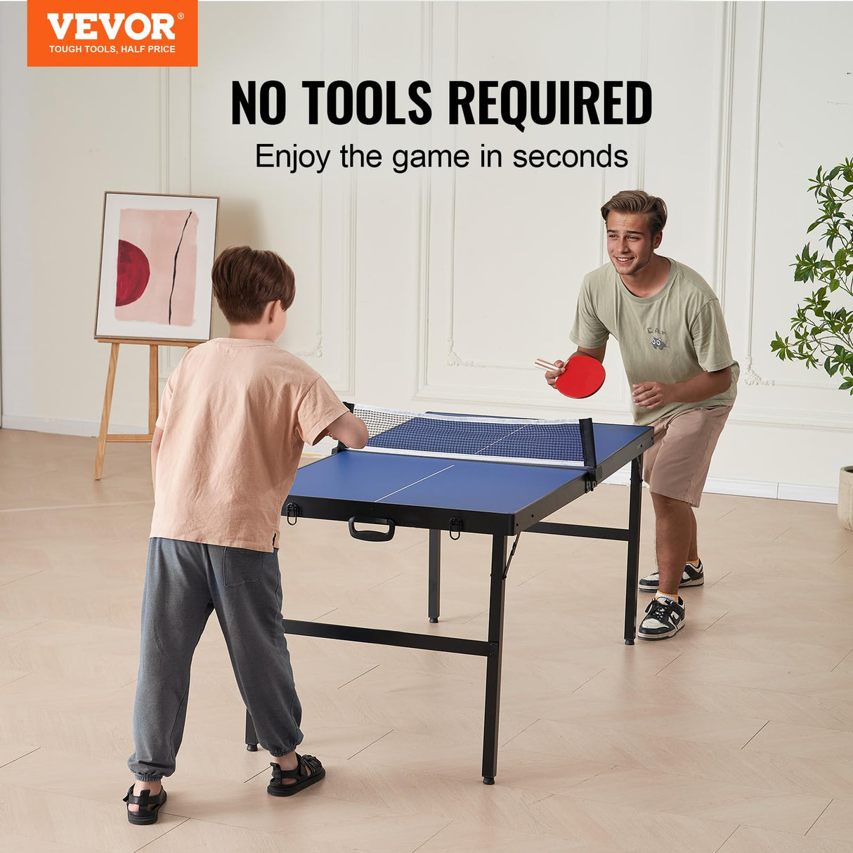 VEVOR Ping Pong Table, Mid-Size Table Tennis Game, Indoor MDF Table Tennis Table, Foldable Portable Complete Ping Pong Table Set with Net, 2 Paddles, 3 Balls, Carry Bag, Handle (No Assembly Required) VEVOR