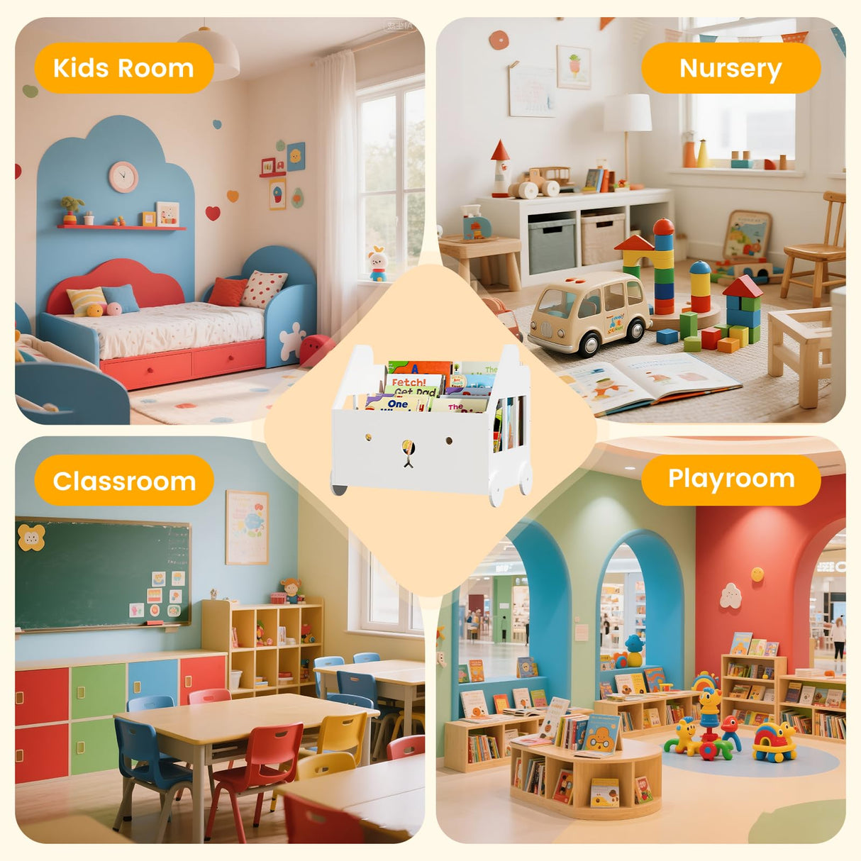 Jomzuci Wooden Kids Bookshelf, Toddler Montessori Bookshelf, Nursery Book Shelves with 4 Adjustable Dividers, Book Shelf for Kids Rooms, Nursery, Bedroom, Classroom and Playroom Storage Jomzuci