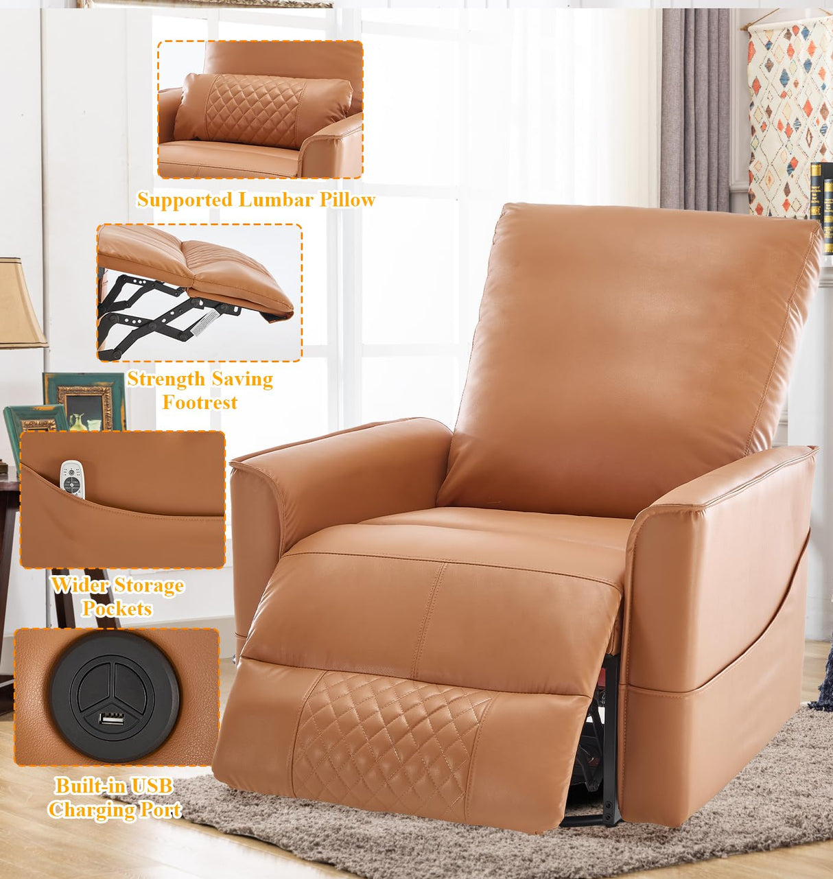 Power Swivel Recliner Chair with Massage Heat USB Port, Extra Wide Lay Flat Recliners Massaging Chair, Oversized Electric Leather Recliner Chair for Adults, Orange KCQ