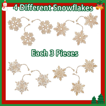 12 Pcs Wooden Snowflakes Ornaments 3 inch Christmas Wood Snowflake Hanging Decorations with Twine, Unfinished Rustic Farmhouse Bulk Cutouts for DIY Painting Xmas Tree Crafts Decor