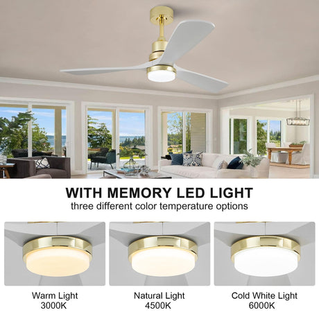 BOJUE 52 inch Gold Ceiling Fans with Lights and White Solid Wood Fan Blades - Modern Ceiling Fan with Remote for Indoor/Outdoor Farmhouse, Low Profile Bedroom, Patio - Gold Finish and White Blades BOJUE