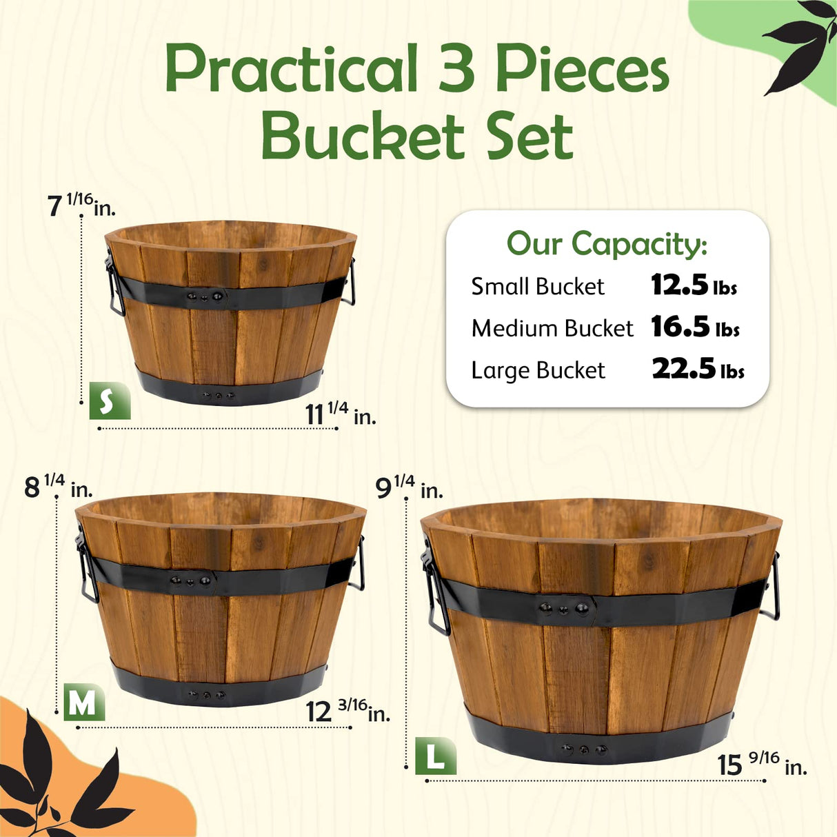Idzo Set of 3 Wooden Flower Boxes Outdoor, Durable Acacia Wood Barrel Planters for Outdoor Plants with Ergonomic Handles, Drainage Holes, Multiple Sizes Wood Bucket Planter Light Brown IDZO