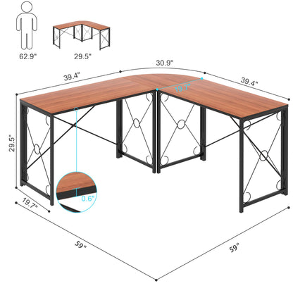 VECELO 59"x59" L Shaped Desk for Computer Gaming Multi-Usage Long 2 Person Table for Home Office Sturdy Writing Workstation, Easy Assembly/Saving Space, Rustic Brown - WoodArtSupply