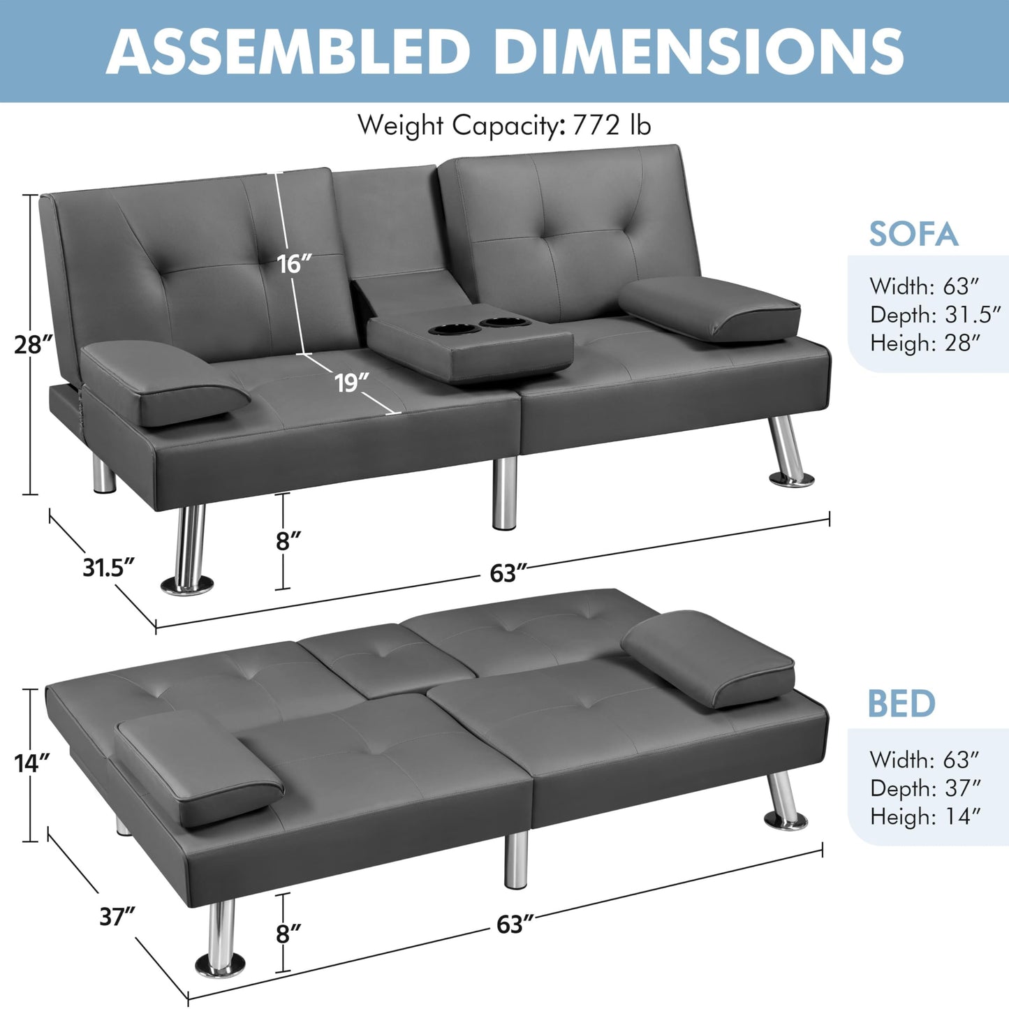 Yaheetech Convertible Sofa Bed Adjustable Couch Sleeper Modern Faux Leather Home Recliner Reversible Loveseat Folding Daybed Guest Bed, Removable Armrests, Cup Holders, 3 Angles, 772lb Capacity, Gray