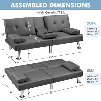 Yaheetech Convertible Sofa Bed Adjustable Couch Sleeper Modern Faux Leather Home Recliner Reversible Loveseat Folding Daybed Guest Bed, Removable Armrests, Cup Holders, 3 Angles, 772lb Capacity, Gray