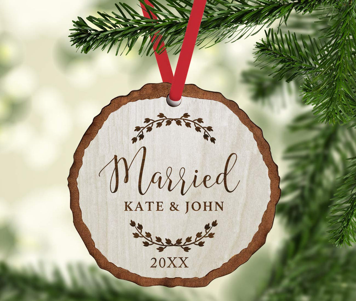 Andaz Press Personalized Wedding Engagement Real Wood Rustic Farmhouse Keepsake Christmas Ornament, Engraved Wood Slab, Married, Kate & John 2024, Rustic Laurel Leaves, 1-Pack, Custom Name Andaz Press