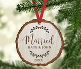 Andaz Press Personalized Wedding Engagement Real Wood Rustic Farmhouse Keepsake Christmas Ornament, Engraved Wood Slab, Married, Kate & John 2024, Rustic Laurel Leaves, 1-Pack, Custom Name Andaz Press
