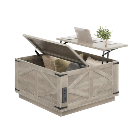 Lift Top Coffee Table, Farmhouse Coffee Table with Storage, Square Wood Center Table with LED Light, Charging Station and Hidden Compartment Coffee Tables Rustic Furniture for Living Room (Grey) Jocoevol