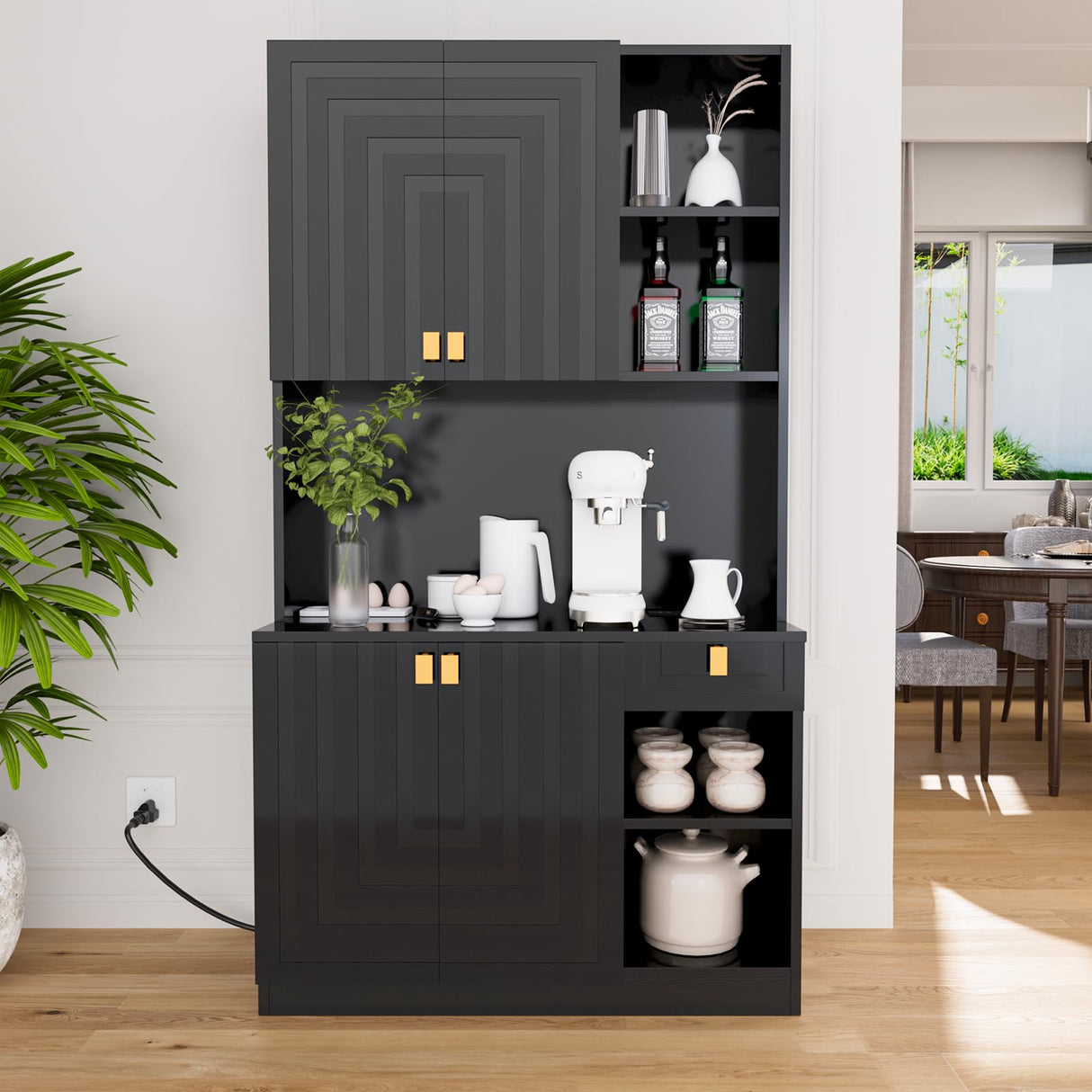 Buenhomino Kitchen Pantry Cabinet, 71" Hutch Cabinet with Countertop & Power Outlet & Adjustable Shelves, Wood Buffet Cabinet Organizer with Buenhomino