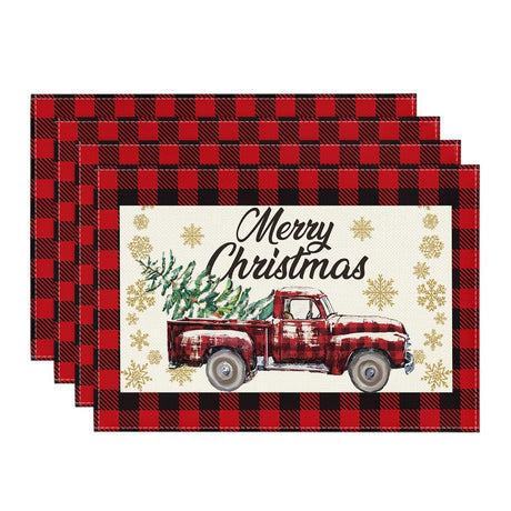 Artoid Mode Red and Black Buffalo Plaid Truck Merry Christmas Placemats Set of 4, 12x18 Inch Seasonal Winter Xmas Holiday Table Mats for Party Kitchen Dining Decoration Artoid Mode