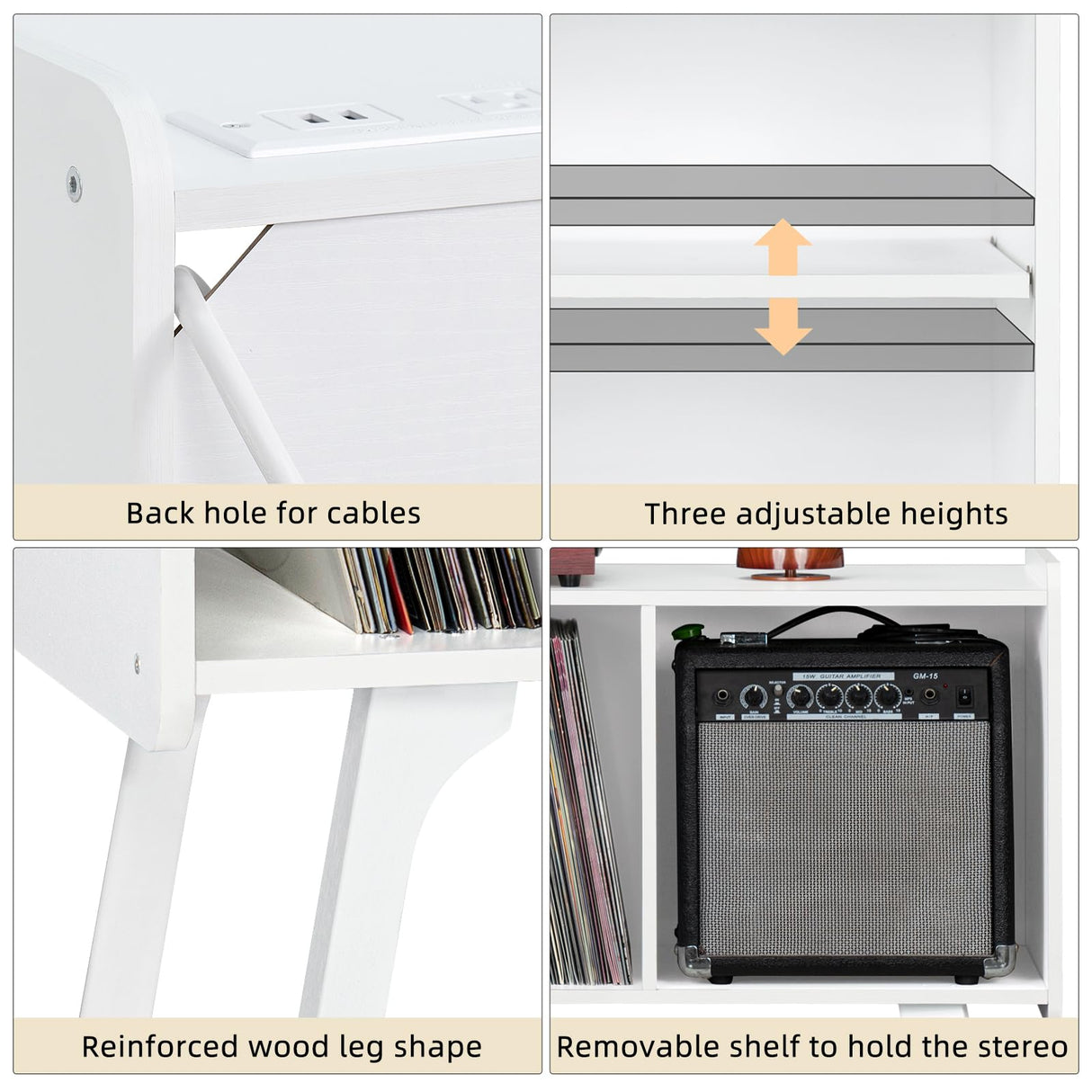 Lerliuo Record Player Stand with Charging Station Holds Up to 220 Albums, Large Turntable Stand with 4 Cabinet, Mid-Century Record Player Table,White Vinyl Holder Storage Shelf for Bedroom Living Room Lerliuo