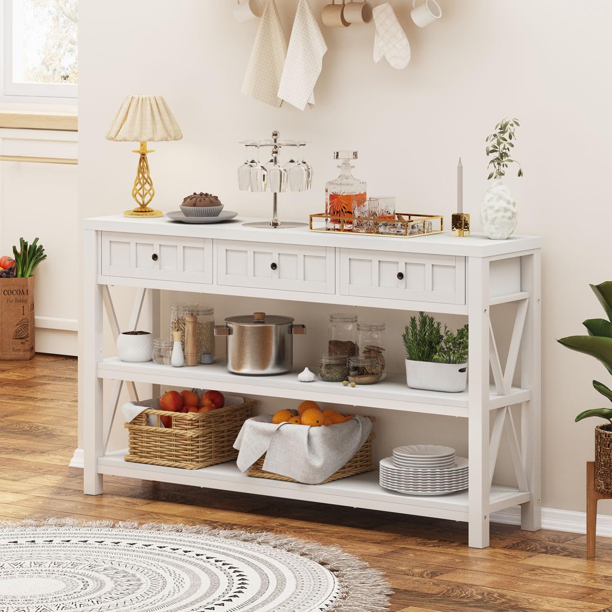 FATORRI Rustic Wood and Metal Console Table with 3 Drawers for Entryway and Living Room - White Oak