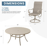 DIFY 9 Pieces Outdoor Patio Dining Set for 8, Swivel Dining Chairs with Sandshell Textilene and 60" Sandshell Round Metal Dining Table, Outdoor Table and Chairs for Lawn Garden Backyard Deck DIFY