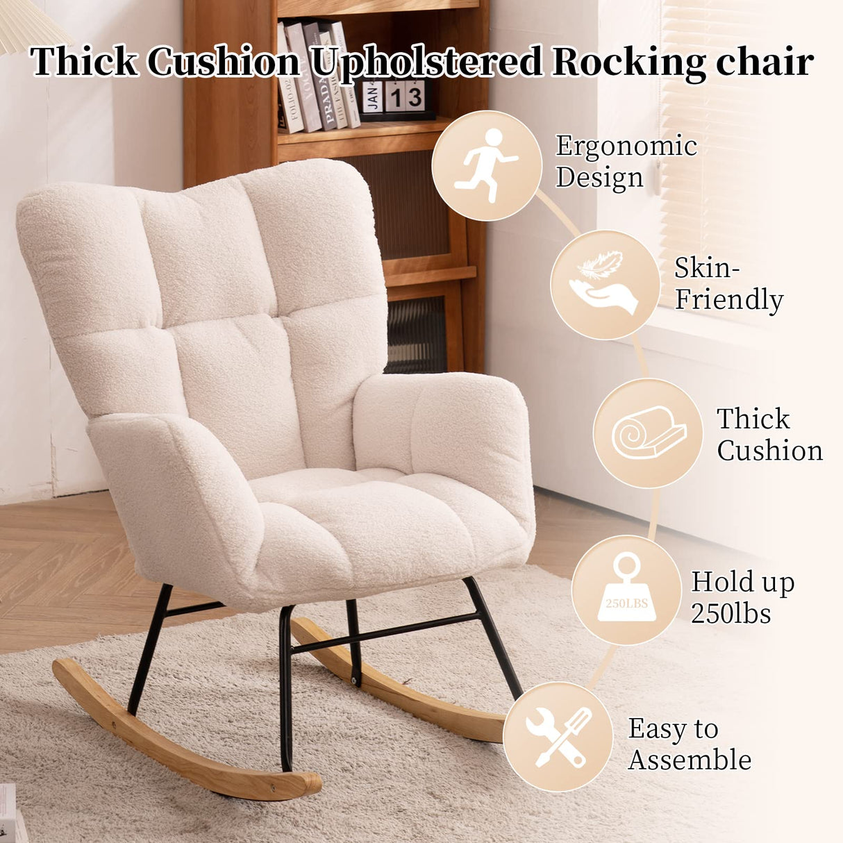 NIOIIKIT Nursery Rocking Chair Teddy Upholstered Glider Rocker Rocking Accent Chair Padded Seat with High Backrest Armchair Comfy Side Chair for Living Room Bedroom Offices (Ivory Teddy) NIOIIKIT