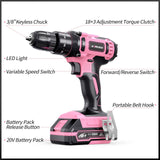 20V Cordless Drill, Electric Power Drill Set with Battery Charger, 3/8” Keyless Chuck, 2 Variable Speed, 18+3 Torque, 72pcs Driver Bits and Belt Hook, Pink JIARUISI