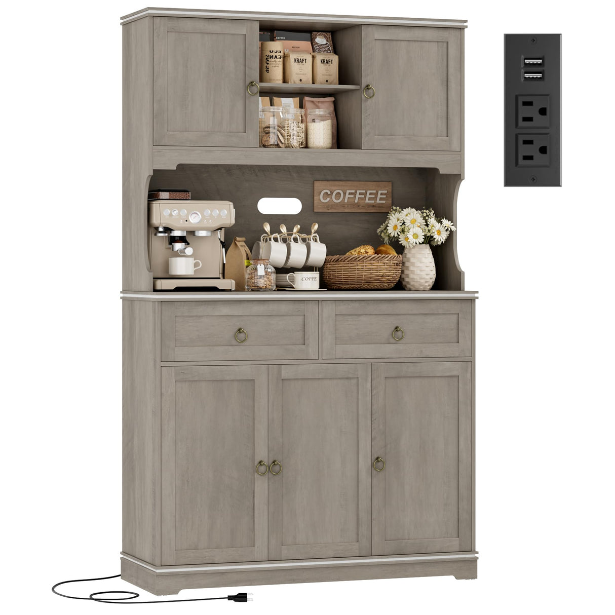 HOSTACK 71" Tall Pantry Cabinet with Power Outlets, Kitchen Pantry Storage Cabinet with Microwave Stand, Farmhouse Kitchen Hutch with Drawers, Food Pantry Large Cupboard for Dining Room, Ash Grey HOSTACK