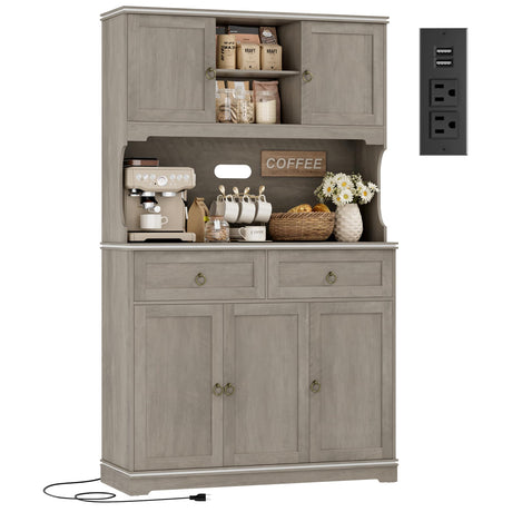 HOSTACK 71" Tall Pantry Cabinet with Power Outlets, Kitchen Pantry Storage Cabinet with Microwave Stand, Farmhouse Kitchen Hutch with Drawers, Food Pantry Large Cupboard for Dining Room, Ash Grey HOSTACK