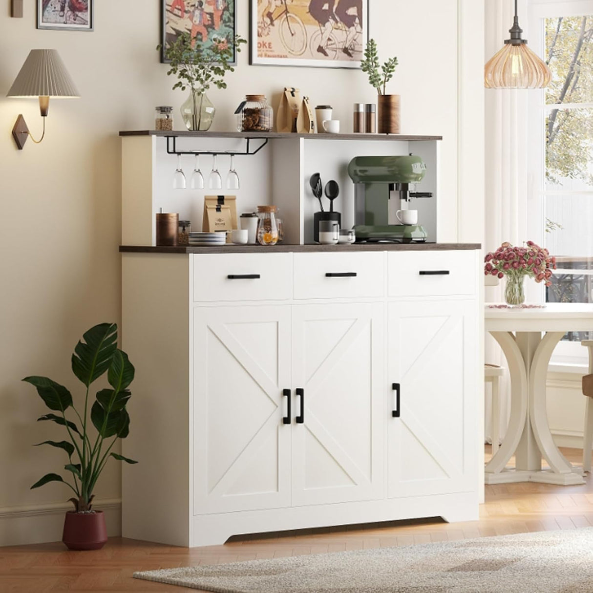 Garveehome Farmhouse Sideboard Buffet Cabinet with Microwave Stand, Barn Doors Buffet Storage Cabinet with Drawers and Shelves, Wood Coffee Bar Pantry for Kitchen, Dining Room, Living Room, White GarveeHome