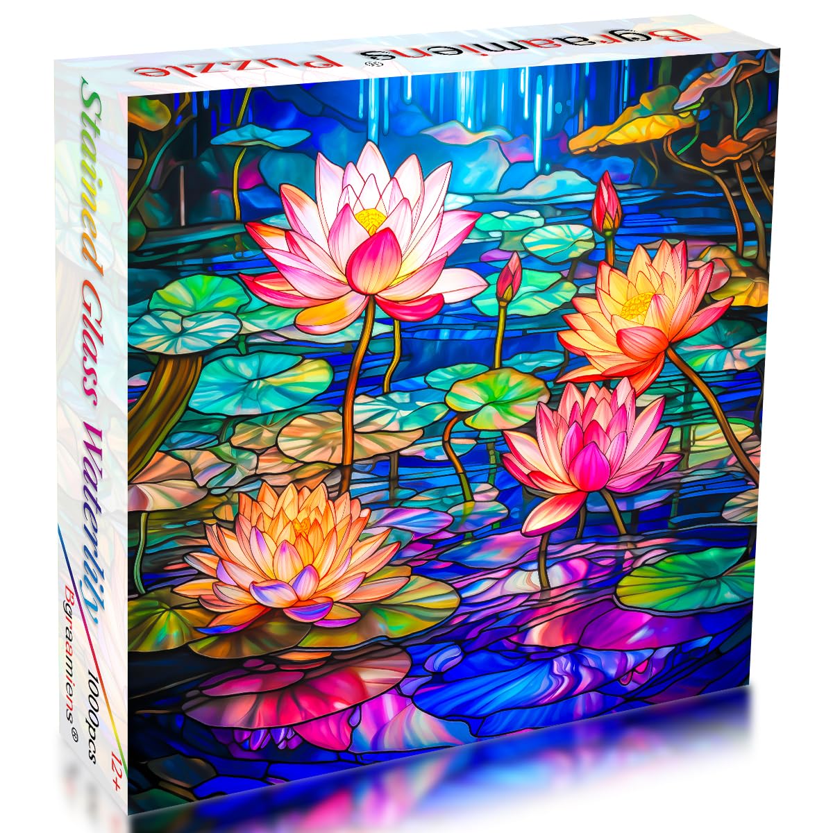 Bgraamiens Puzzle-Stained Glass Waterlily-1000 Pieces Stained Glass Puzzle for Adults, Stained Glass Art Puzzle with Flowers, Impossible Puzzle Color Challenge Puzzle for Adults Bgraamiens