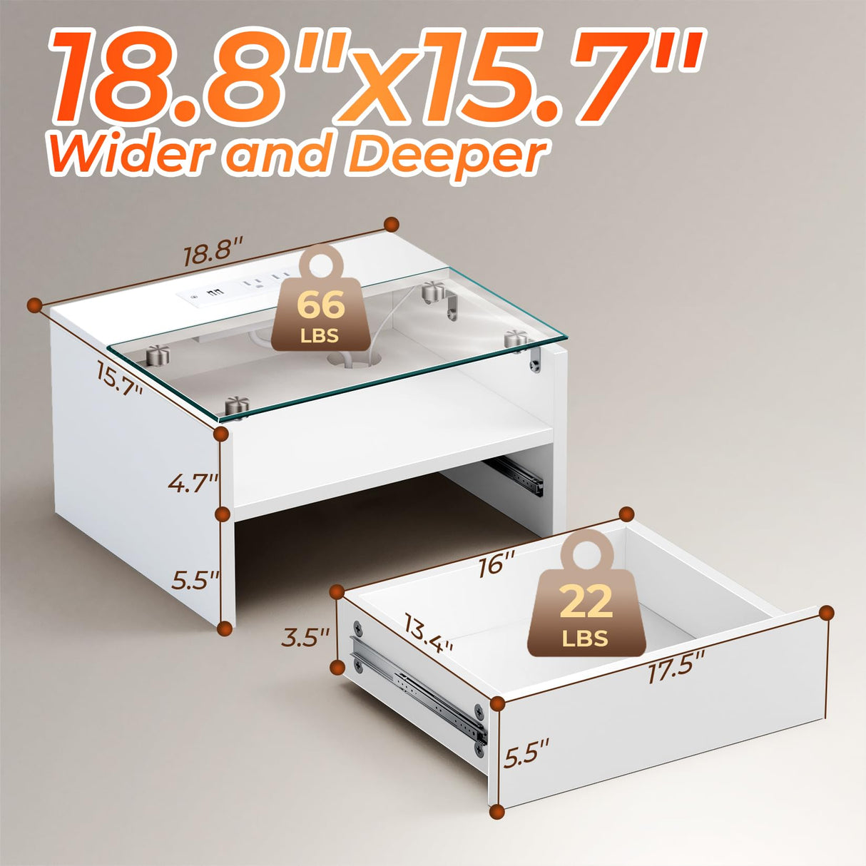 White Floating Nightstand Set of 2 with Charging Station, 18.9" Extended Bedside End Table with Drawer and LED, Modern Wall Mounted Night Stand Side Table with Open Shelf for Bedroom,Living Room MULEJYBO