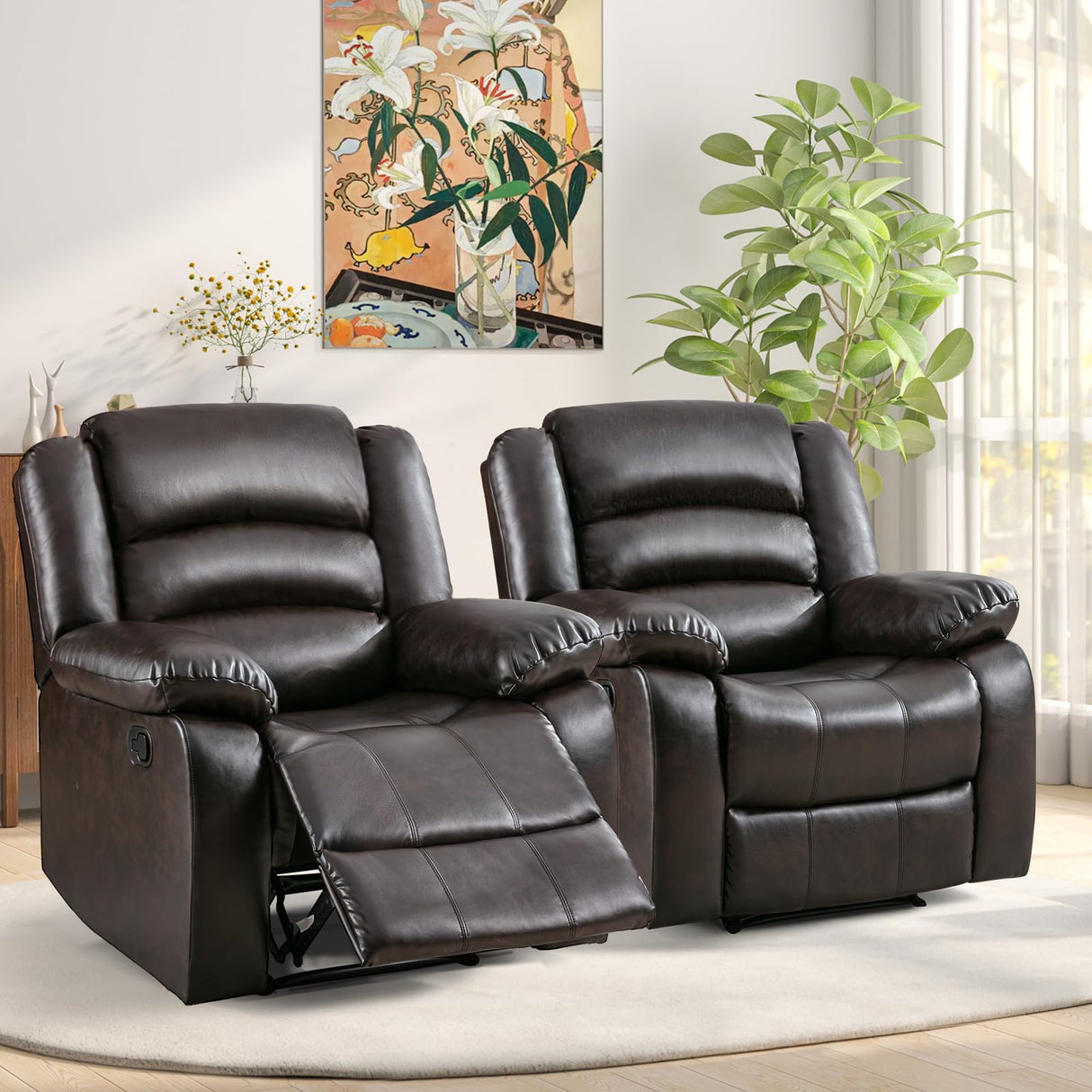 ANJ Manual Recliner Chair Set of 2, Breathable Faux Leather Reclining Chairs with Overstuffed Arm and Back, Living Room Single Sofa Recliners (Dark Brown) ANJ