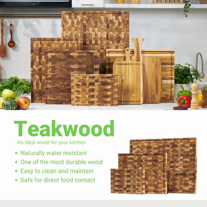 VIETGREEN Durable Teak wood End Grain Cutting Board Sturdy Reversible Teakwood Chopping Board Non-slip Natural Pre-oiled Cutting Board Gifts Sustainable Wooden Carving Board for Kitchen