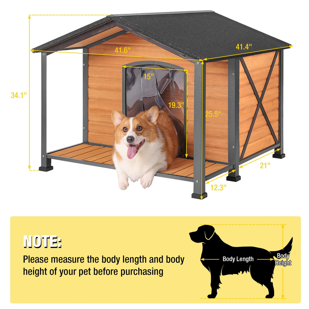 Aivituvin Dog House with Anti-Chewing Metal Frame Outdoor Large Wooden Dog Kennel Outside with Overhang Roof Large Porch Weatherproof Aivituvin