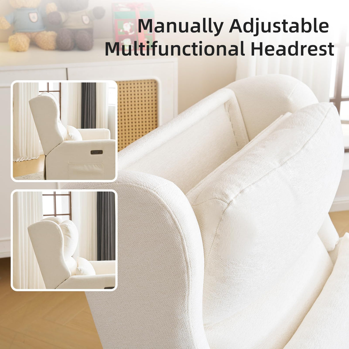 Rhevoy Oversized Swivel Rocker Recliner Chair, 26" Extra Wide Glider Nursery Chair with Adjustable Headrest, Chenille Power Recliner Rocking with Double Cushion, Cup Holder, White Rhevoy