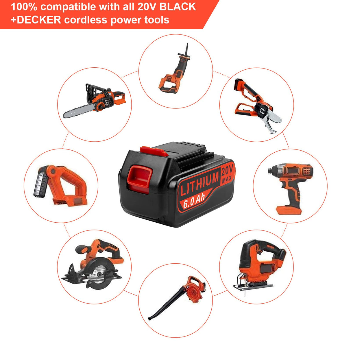 Futurebatt [1Pack] 6.0Ah HIGH OUTPUT Long-lasting 20V Lithium Battery for Black and Decker 20 VOLT LB20 LBX20 LBXR20 LBXR20B LBXR2020 LBX4020 LB2X4020 LST220 Tool Battery Futurebatt