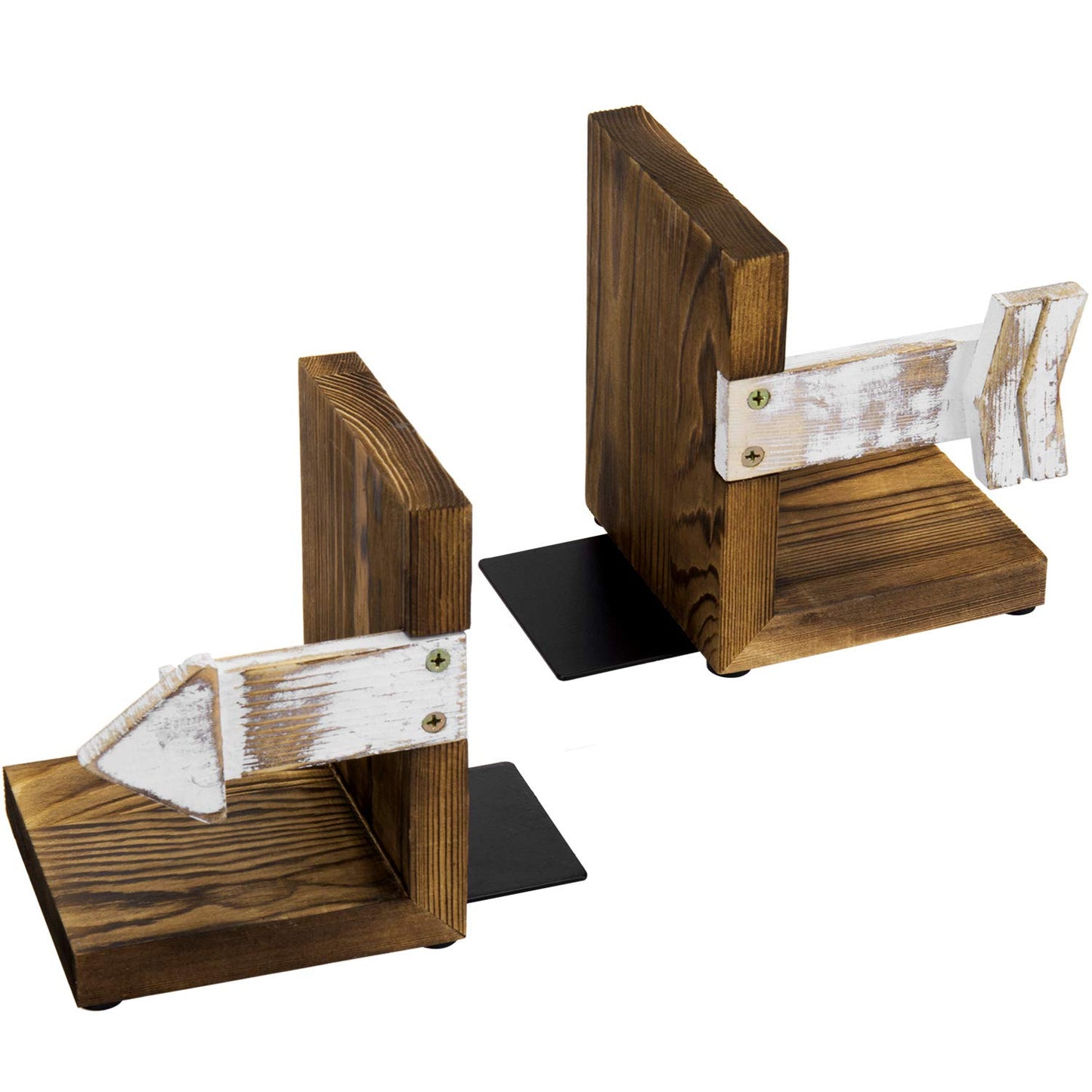 MyGift Rustic Book End, Whitewashed Arrow Design and Burnt Dark Brown Wood Tabletop Bookend Support Stands, Set of 2