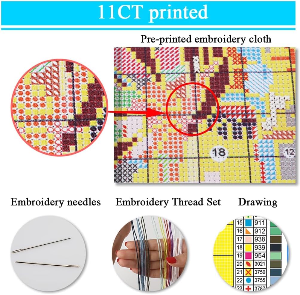 MjhRcll Floral Stamped Cross Stitch Kits, Blue Flowers Cross Stitch Ornament Kits for Adults Beginners, Counted Embroidery Needlepoint Kits Home Decor 12x16 Inch MjhRcll