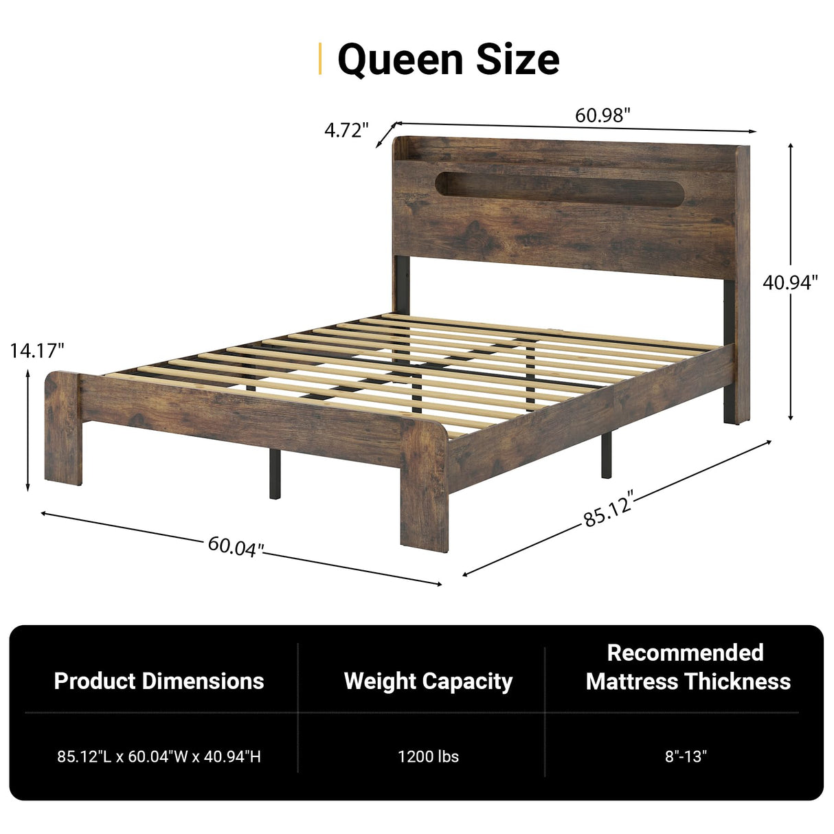 ivoros Wooden Queen Size Bed Frame with Storage Headboard, Rustic Farmhouse Platform Bed Frame Queen with Charging Station & LED Lights, 12 Wood Slats Support, No Box Spring Needed,Dark Brown ivoros