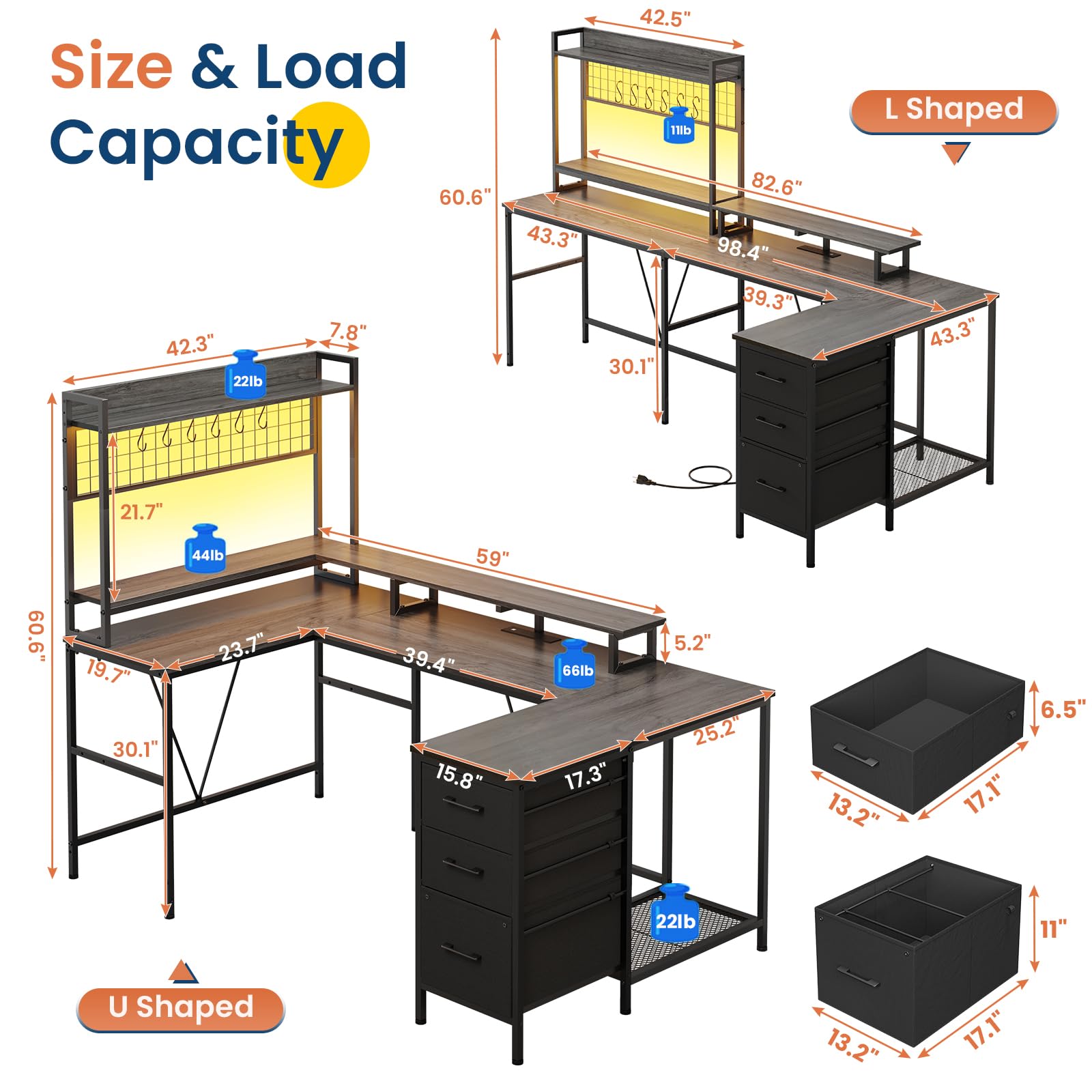 VIGKOOK U Shaped Gaming Desk with Hutch, 98.4in Reversible L Shaped Computer Desk with Power Outlets, Home Office Desk LED Light, Monitor Stand 3 Drawers Shelves Pegboard 6 Hooks (Grey) - WoodArtSupply