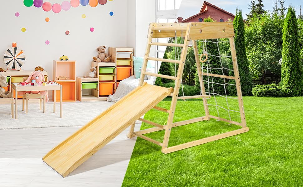 Climber,Indoor Playground Wood Toddler Playset Montessori 7-in-1 with Jungle Gym, Ramp, Slide, Swing, Swedish Ladder, Monkey Bars, Rope Ladder, Rock Wall Dome for Kids Ages 1-6 New - WoodArtSupply