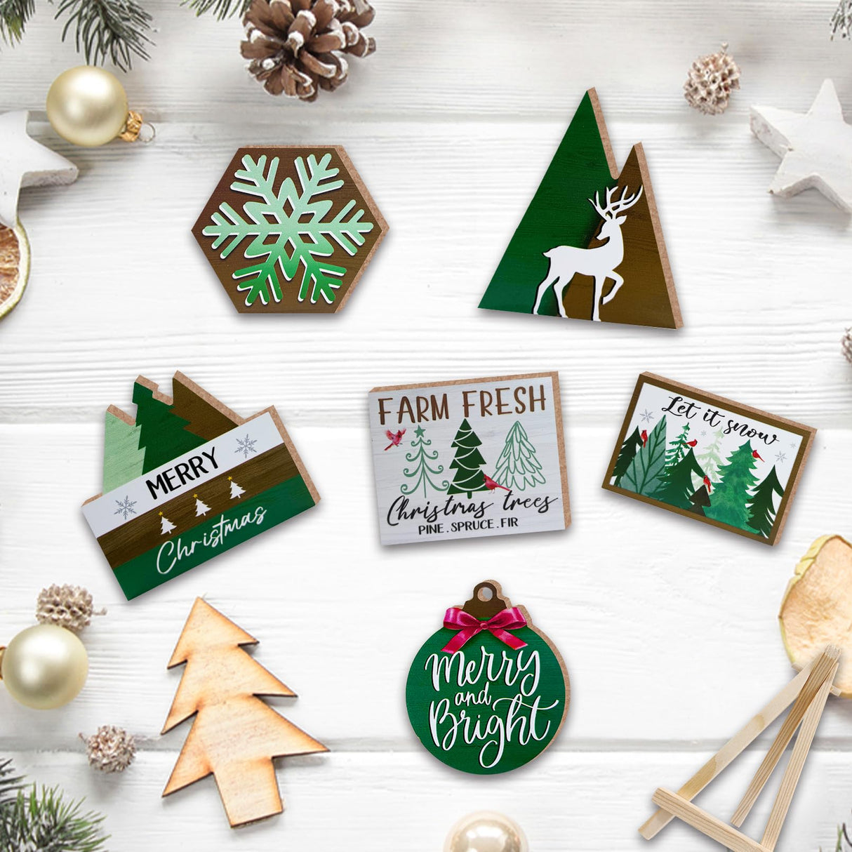 Guoofu 11 Pcs Merry Christmas Green Tiered Tray Decor, Farm Fresh Xmas Tree Balls Reindeer Snowflake Farmhouse Wood Decorations Set, Winter Holiday Rustic Wooden Decorative Signs for Home Table Shelf Guoofu