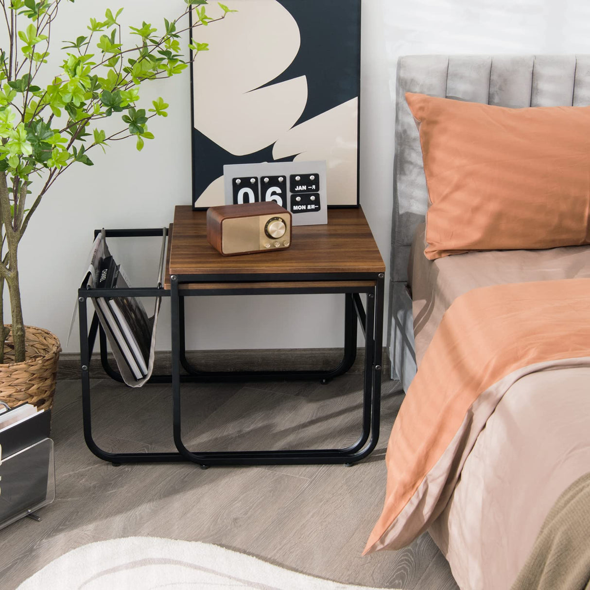 Giantex Nesting Coffee Table Set of 2, Stackable Side Table w/Side Pocket, Accent Nightstand, Industrial End Table w/Steel Frame for Living Room Bedroom Office, Easy Assembly, Rustic Brown Giantex