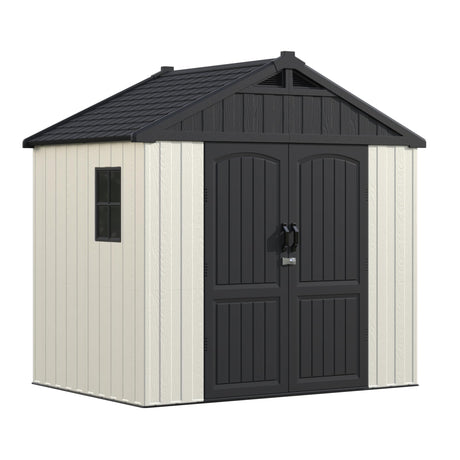Greesum 8×6 FT Plastic Outdoor Storage Shed with Floor, Resin Sheds with Window and Lockable Door, Weather Resistant Organization for Garden, Lawn, Pool Supplies, Beige Greesum