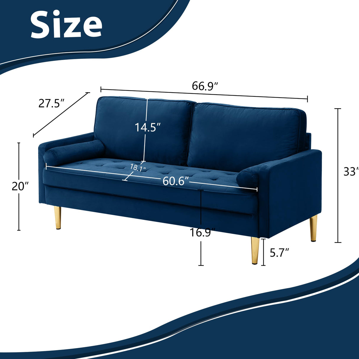 RXRRXY 67" Modern Velvet Loveseat Sofa Couch, Mid-Century Tufted Upholstered Small Love Seat Couch with 2 Pillows & 4 Golden Legs, 2-Seats Couches for Compact Space, Living Room, Apartment (Navy) RXRRXY
